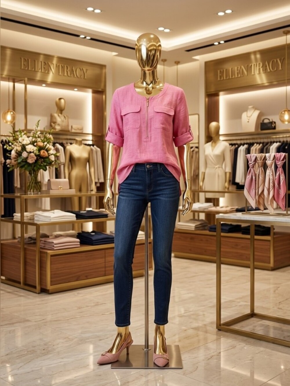Ellen Tracy Pink Linen Utility Tunic with Gold Zip